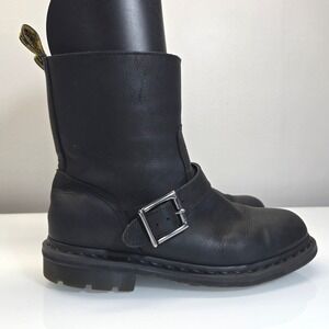 Dr Martens Meg Biker Boots Womens 9 Black Leather Mid Calf Buckle Moto Engineer